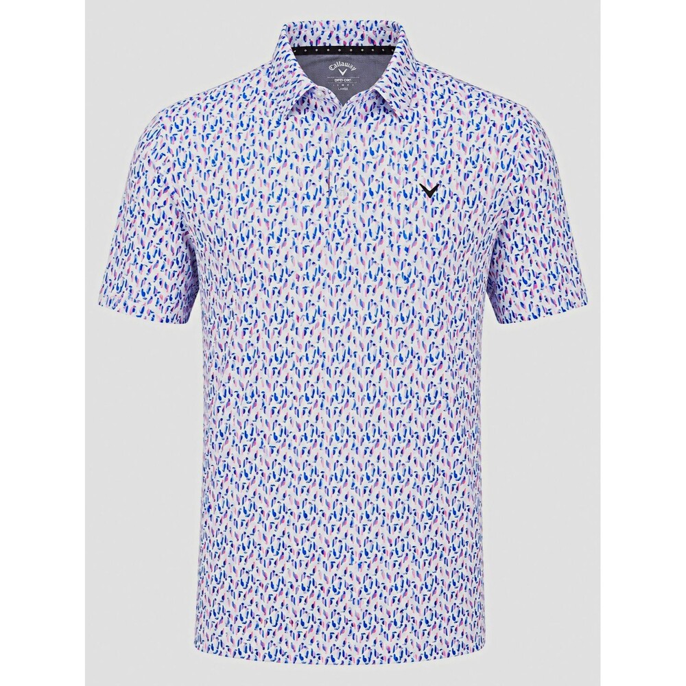 Callaway Men's Golf Polo Shirt – White Blue Pink Graphic Print – Short Sleeve L